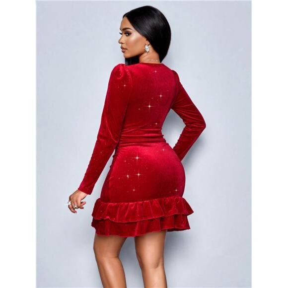 Mature And Sexy Dress For Women, Deep V Design, Ruffled Christmas Style - Picture 2 of 6